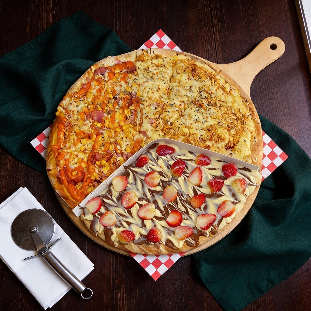 Calabresa Especial (adicional cheddar), Frango com Catupiry e Dois Amores