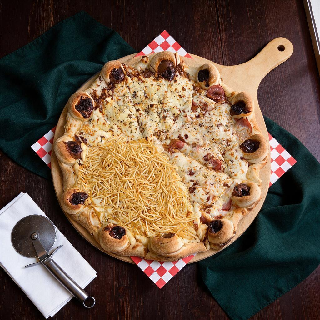 Nordestina, Calabresa ao Barbecue e Strogonoff de Frango com Borda Vulcão de Chocolate